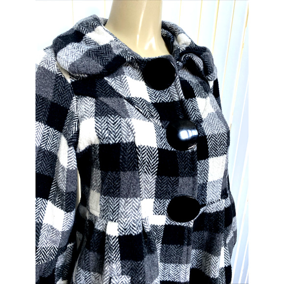 Agnes B Pea Coat Plaid Black White Jacket Puff Sleeve Snap Slip Pockets … - Picture 2 of 7